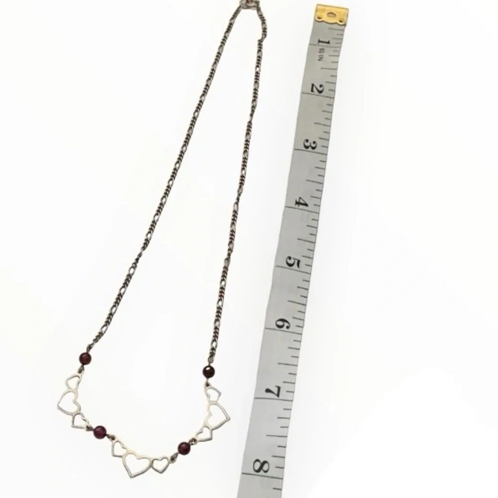 Necklace 925 Sterling Silver Garnet Pearl Multi 3 Heart Spaced Necklace 16”L VTG